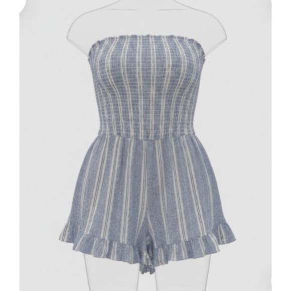 Angie Pants - Angie Womens Blue White Striped Smocked Strapless Romper Ruffle Hem Size S